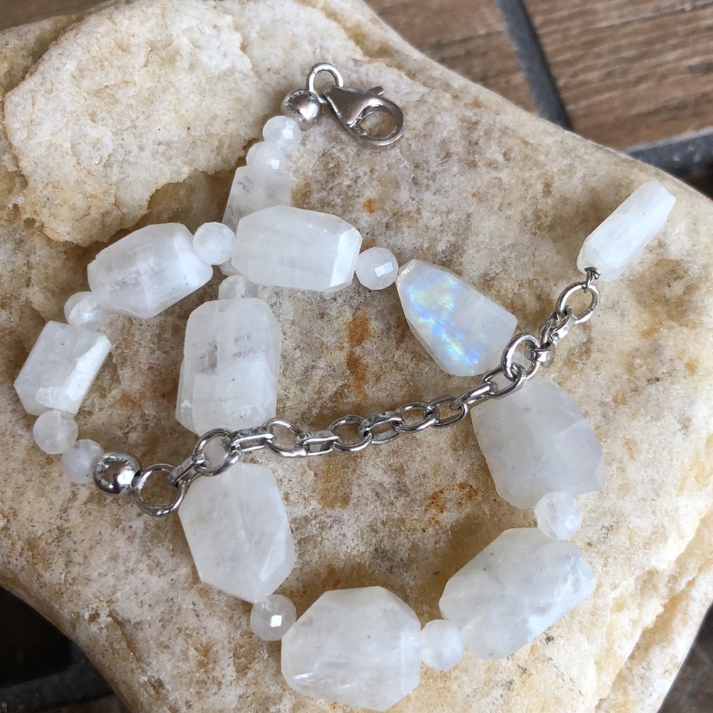 Rough Cut Rainbow Moonstone Sterling Silver Bracelet